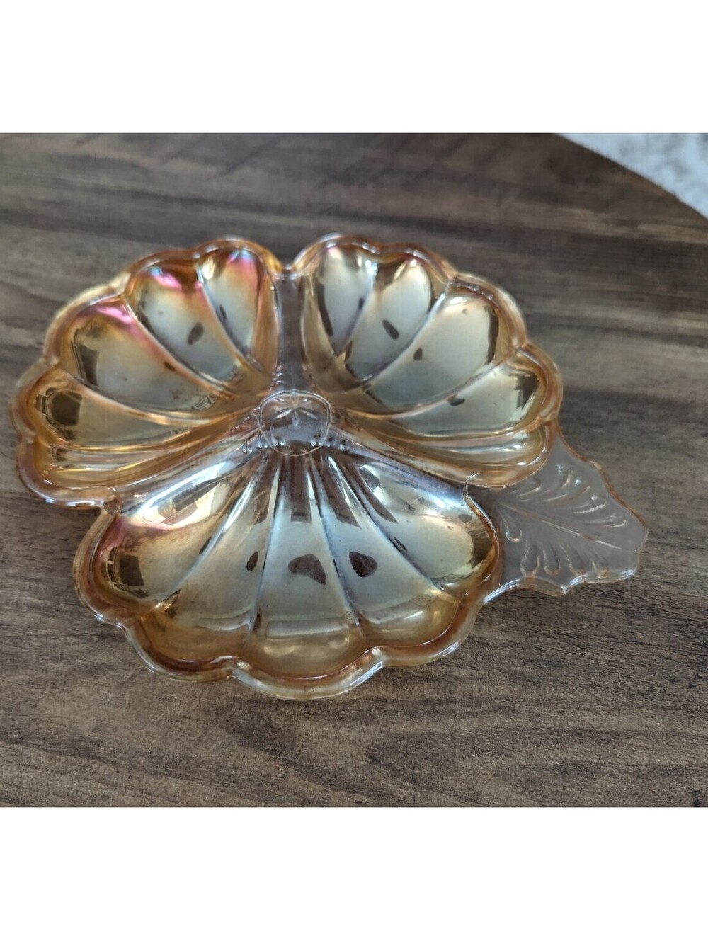 Jeanette Marigold Carnival Glass 3 Leaf Clover Nut-Candy-Snack Dish - EC Vintage